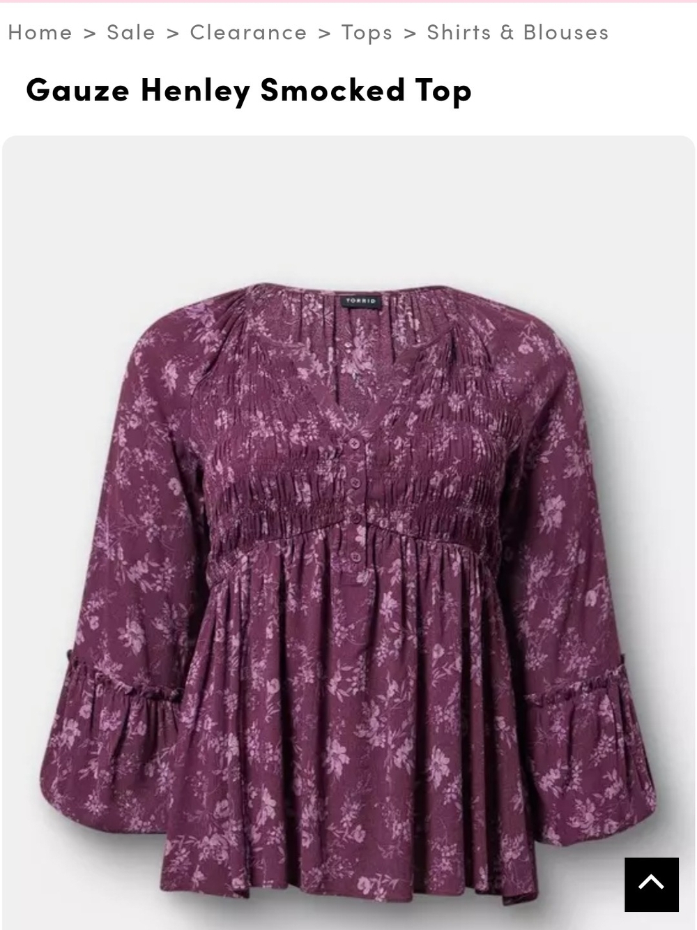 torrid plum floral gauze Henley with smocked bodice